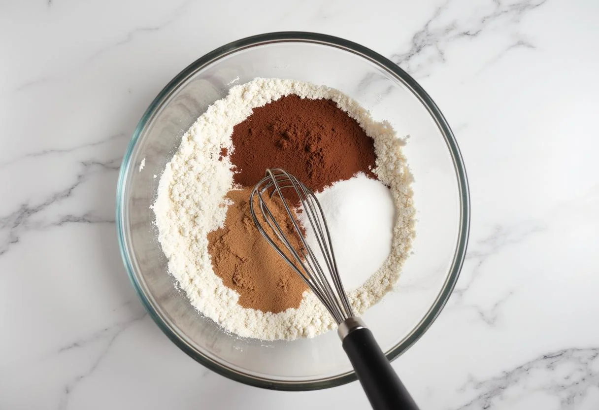 Ingredientes secos do Bolo de Chocolate com Morango preparados em uma tigela de mistura.