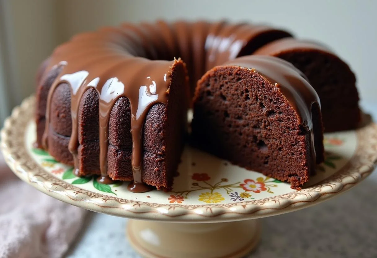 Bolo de Chocolate com Nozes acabado, exibido em um prato decorativo, ideal para qualquer ocasião.