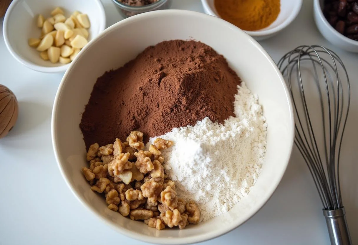 Ingredientes para Bolo de Chocolate com Nozes prontos em uma tigela de mistura.