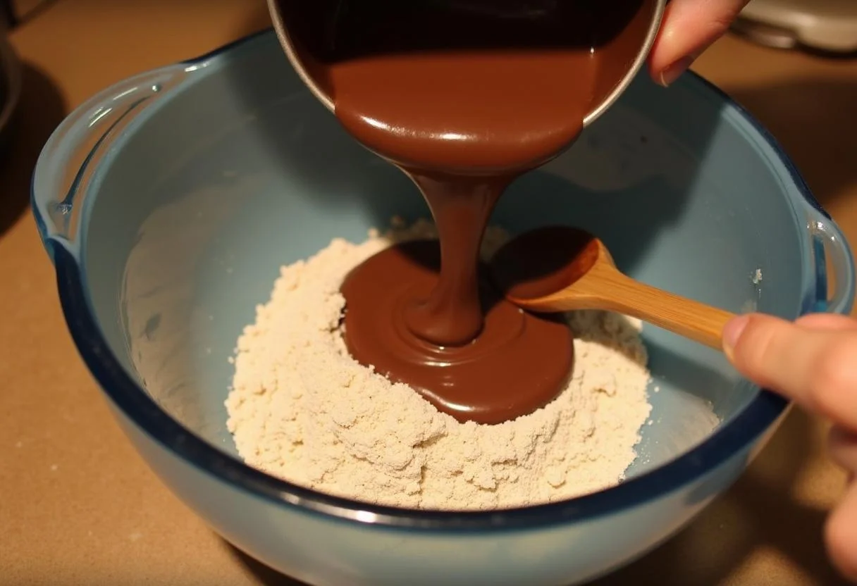Mistura de chocolate derretido sendo adicionada aos ingredientes secos para Bolo de Chocolate com Nozes.
