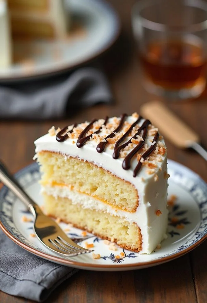 Fatia de Bolo de Coco Gelado decorada, perfeita para celebrações de verão.
