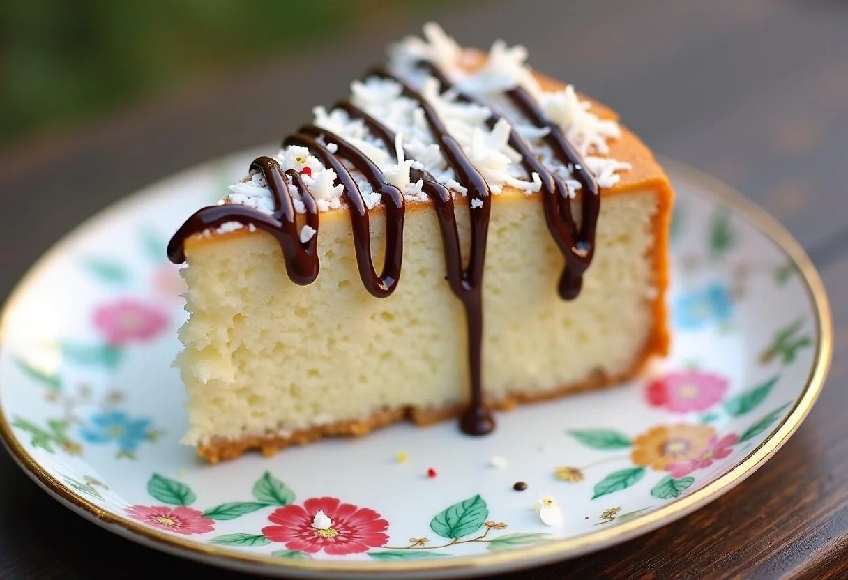 Fatia de Bolo de Coco Gelado decorada, perfeita para celebrações de verão.