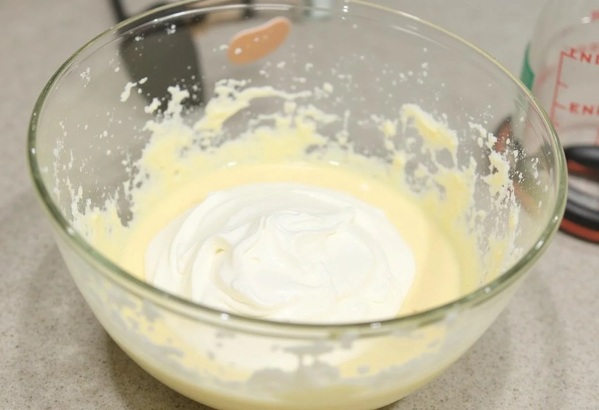 Creme de leite batido sendo incorporado à mistura de coco para o Bolo de Coco Gelado.