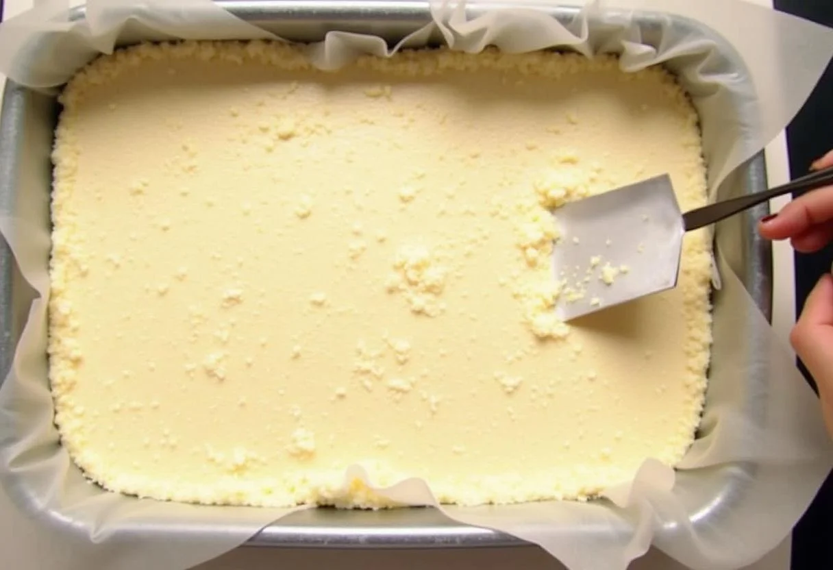 Massa de Bolo de Coco Gelado sendo despejada em uma forma retangular forrada com papel manteiga.