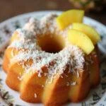 Bolo de Coco com Abacaxi finalizado, decorado com flocos de coco e fatias de abacaxi, perfeito para servir.