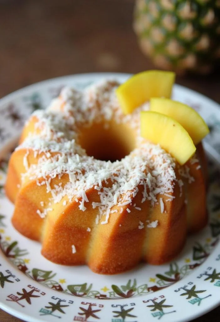 Bolo de coco com abacaxi finalizado, decorado com fatias de abacaxi e coco ralado.