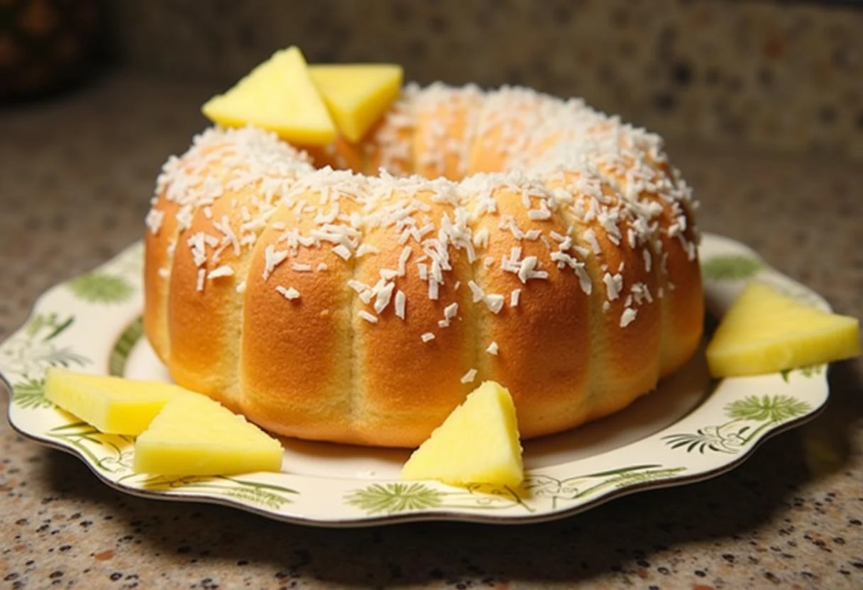 Bolo de coco com abacaxi finalizado, decorado com fatias de abacaxi e coco ralado.