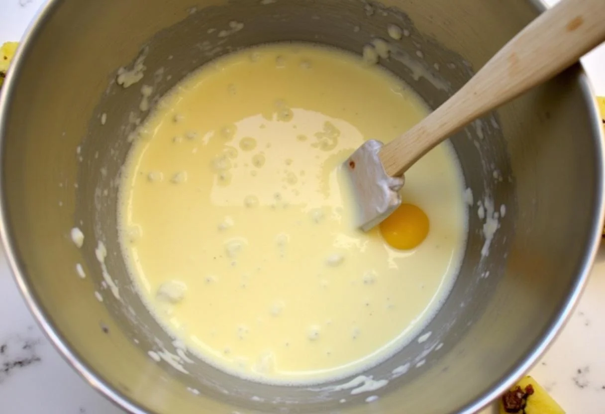 Creme sendo batido para o bolo de coco com abacaxi, com pedaços de abacaxi ao lado.