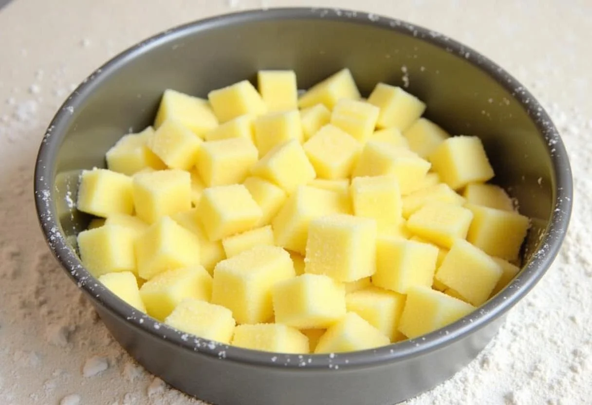 Creme sendo incorporado na mistura seca do bolo de coco com abacaxi.