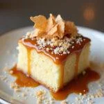 Bolo de Coco com Doce de Leite acabado e decorado, perfeito para servir.