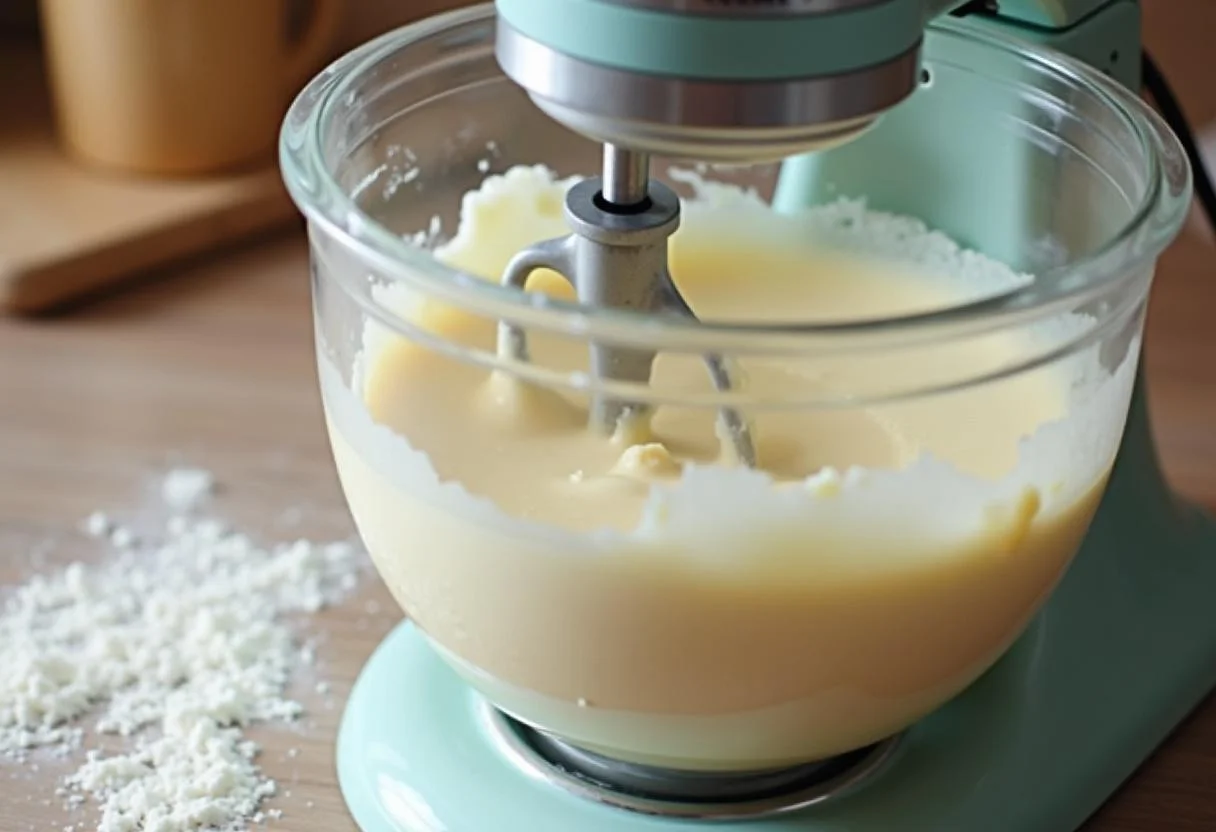 Mistura de creme e manteiga para o Bolo de Coco com Doce de Leite.