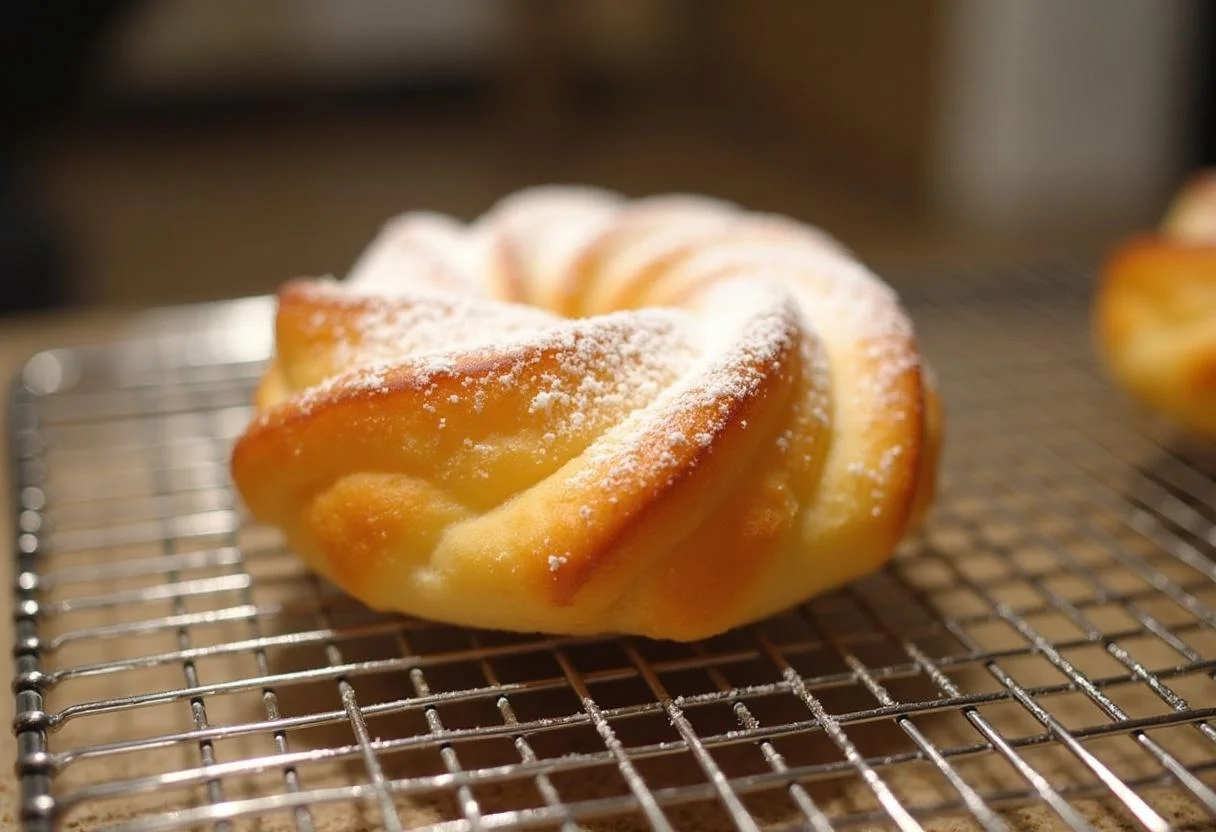 Bolo de fubá cremoso acabado, dourado e polvilhado com açúcar de confeiteiro, perfeito para ser servido.