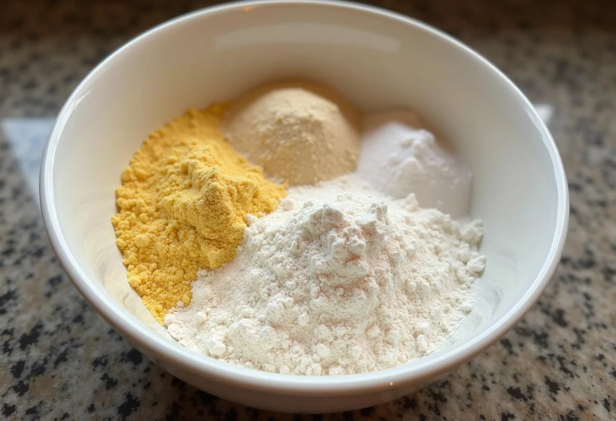 Ingredientes para o bolo de fubá cremoso, incluindo fubá, açúcar e fermento em pó.