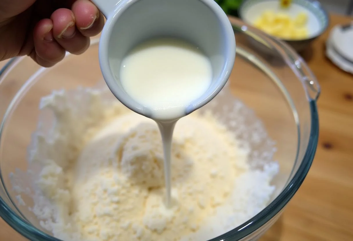 Leite sendo adicionado aos ingredientes secos para o bolo de fubá cremoso.