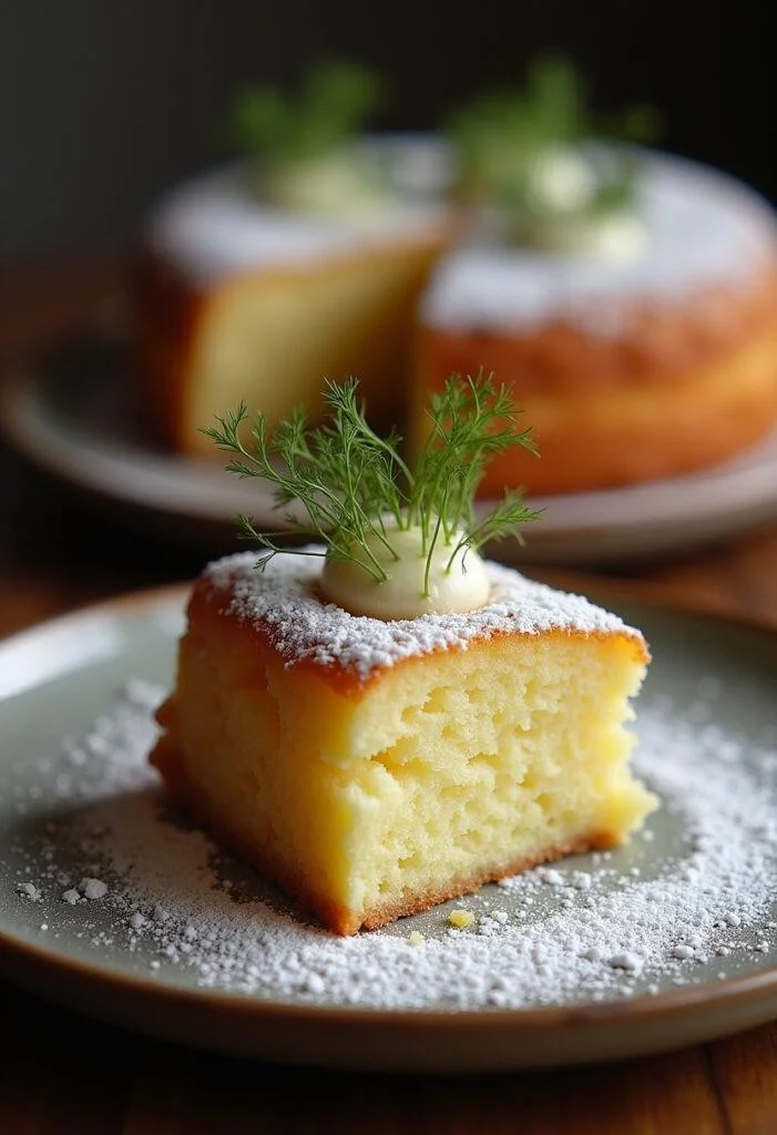 Bolo de Fubá com Erva-Doce finalizado, com açúcar de confeiteiro, perfeito para servir em uma ocasião especial.