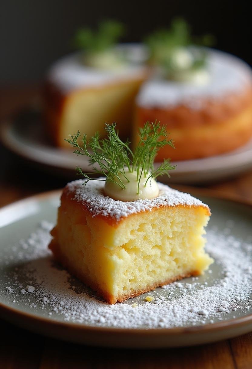 Bolo de Fubá com Erva-Doce finalizado, com açúcar de confeiteiro, perfeito para servir em uma ocasião especial.