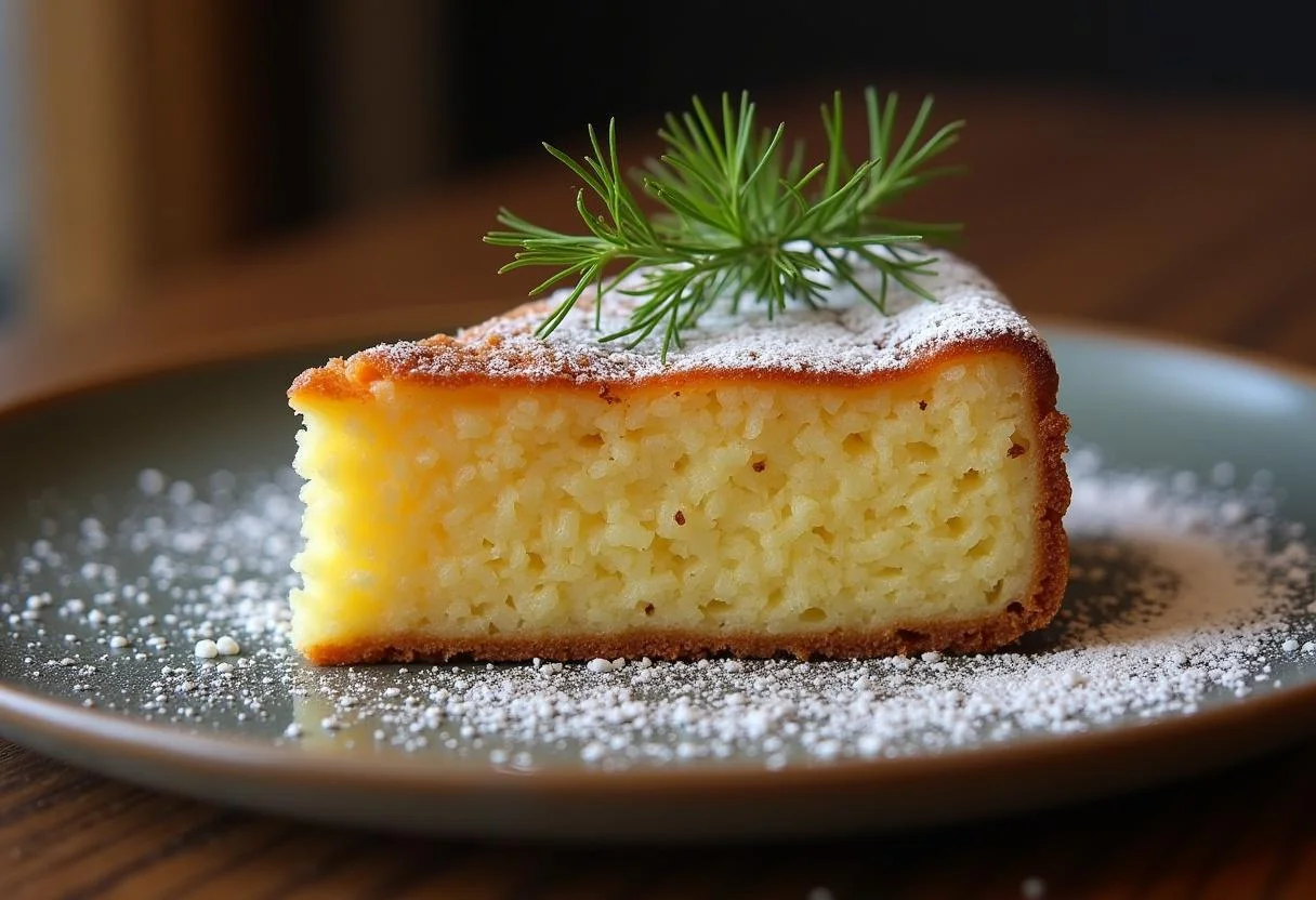 Bolo de Fubá com Erva-Doce finalizado, com açúcar de confeiteiro, perfeito para servir em uma ocasião especial.