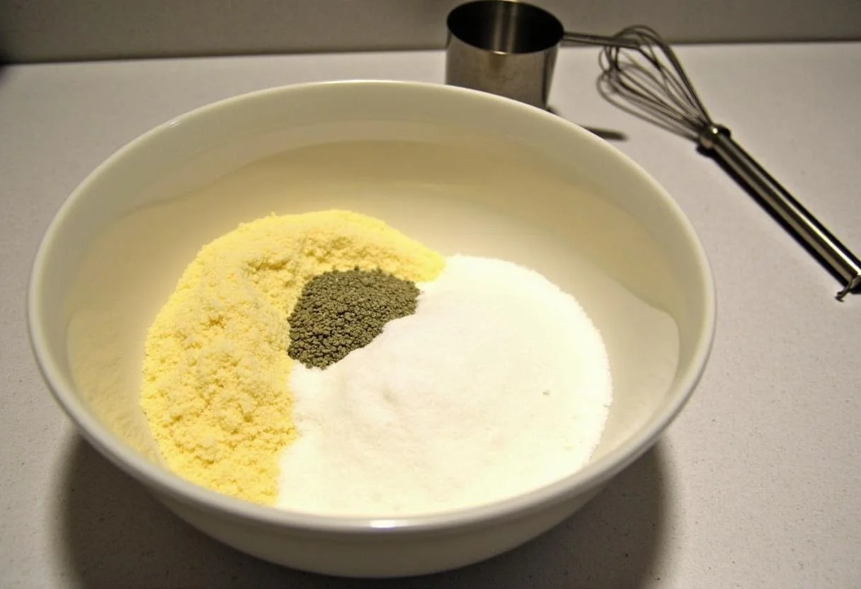 Ingredientes para bolo de fubá com erva-doce em uma tigela, prontos para o preparo.