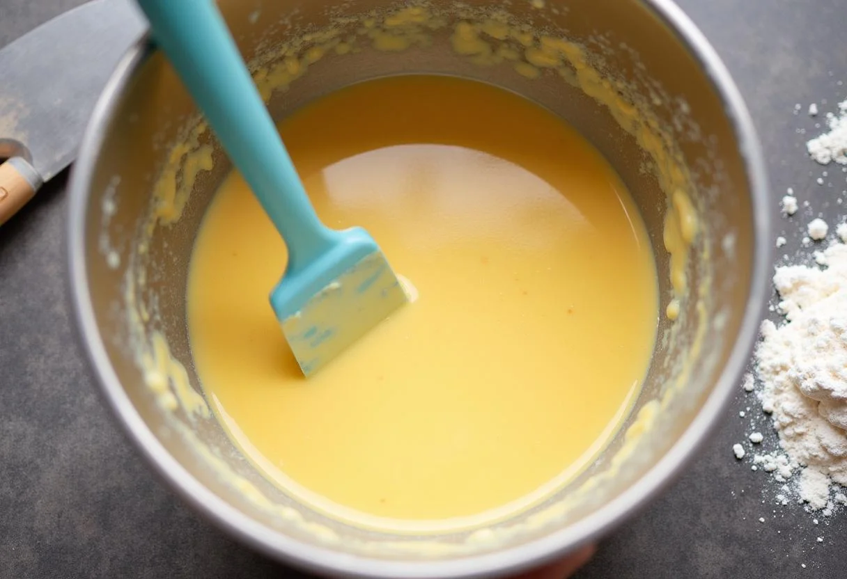 Mistura de fubá e erva-doce sendo combinada com leite e ovos para o Bolo de Fubá com Erva-Doce.