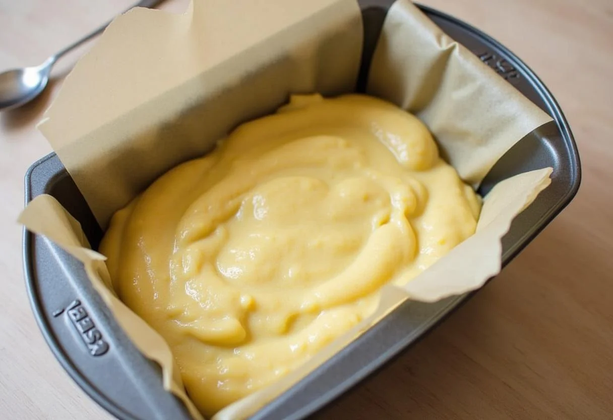 Bolo de Fubá com Erva-Doce sendo colocado em uma forma para assar.