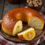 Bolo de Fubá com Goiabada cortado em fatias, apresentando o recheio saboroso.