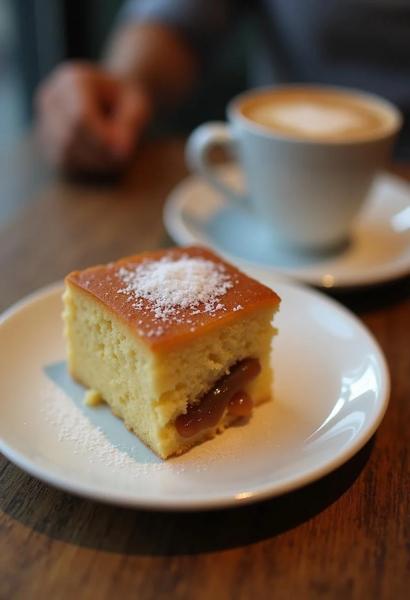 Fatia de Bolo de Fubá com Goiabada, uma delícia brasileira perfeita para servir com café.