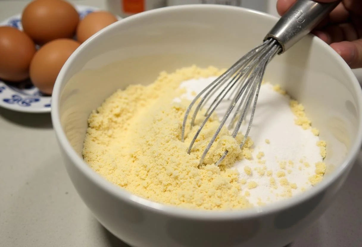 Mistura de fubá, açúcar e fermento em pó para fazer Bolo de Fubá com Goiabada.