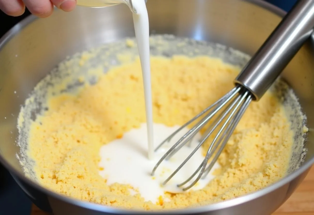 Leite sendo adicionado à mistura de fubá para o Bolo de Fubá com Goiabada.