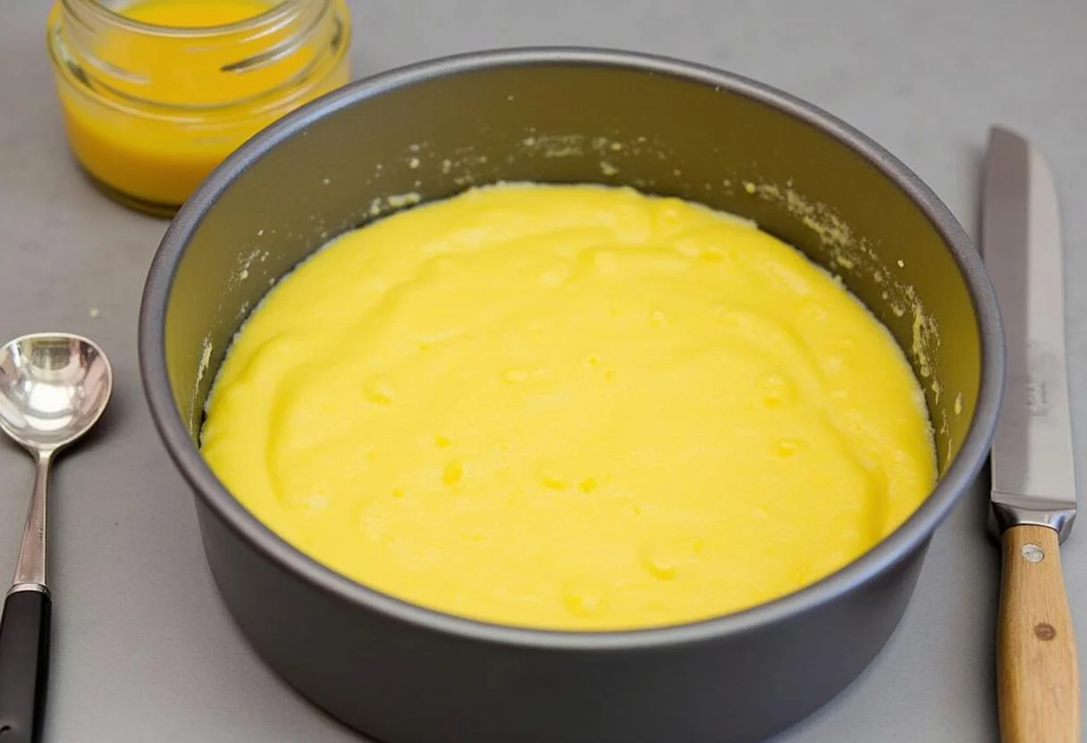 Panela de bolo com metade da massa de fubá, pronta para receber goiabada para o Bolo de Fubá com Goiabada.