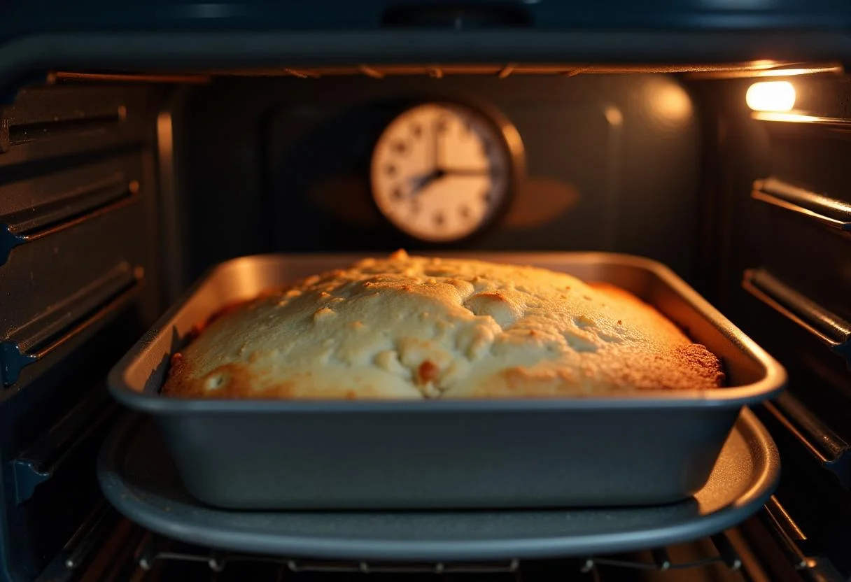 Panela de Bolo de Fubá sendo colocada no forno para assar.