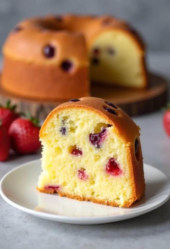 Bolo de Iogurte com Frutas pronto para servir, exibindo a textura e as frutas coloridas.