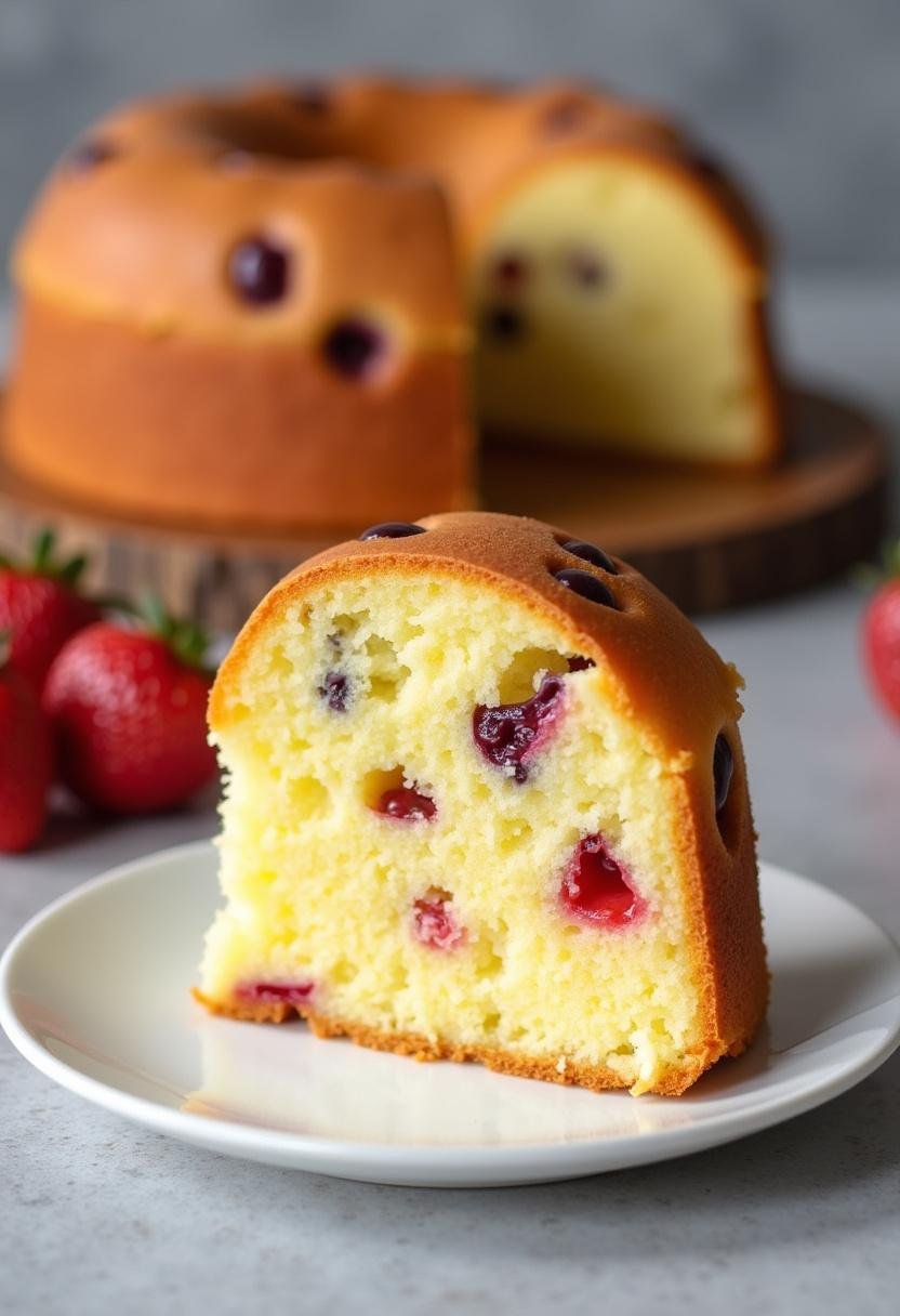 Bolo de Iogurte com Frutas pronto para servir, exibindo a textura e as frutas coloridas.