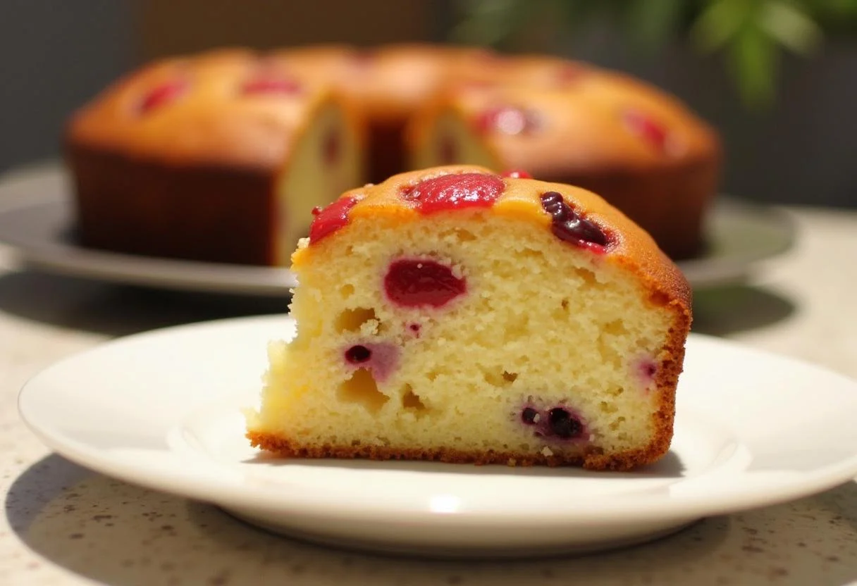 Bolo de Iogurte com Frutas pronto para servir, exibindo a textura e as frutas coloridas.