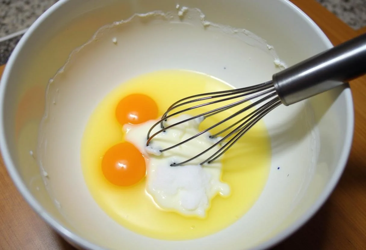 Ingredientes principais para o Bolo de Iogurte com Frutas - iogurte, ovos e açúcar em uma tigela.