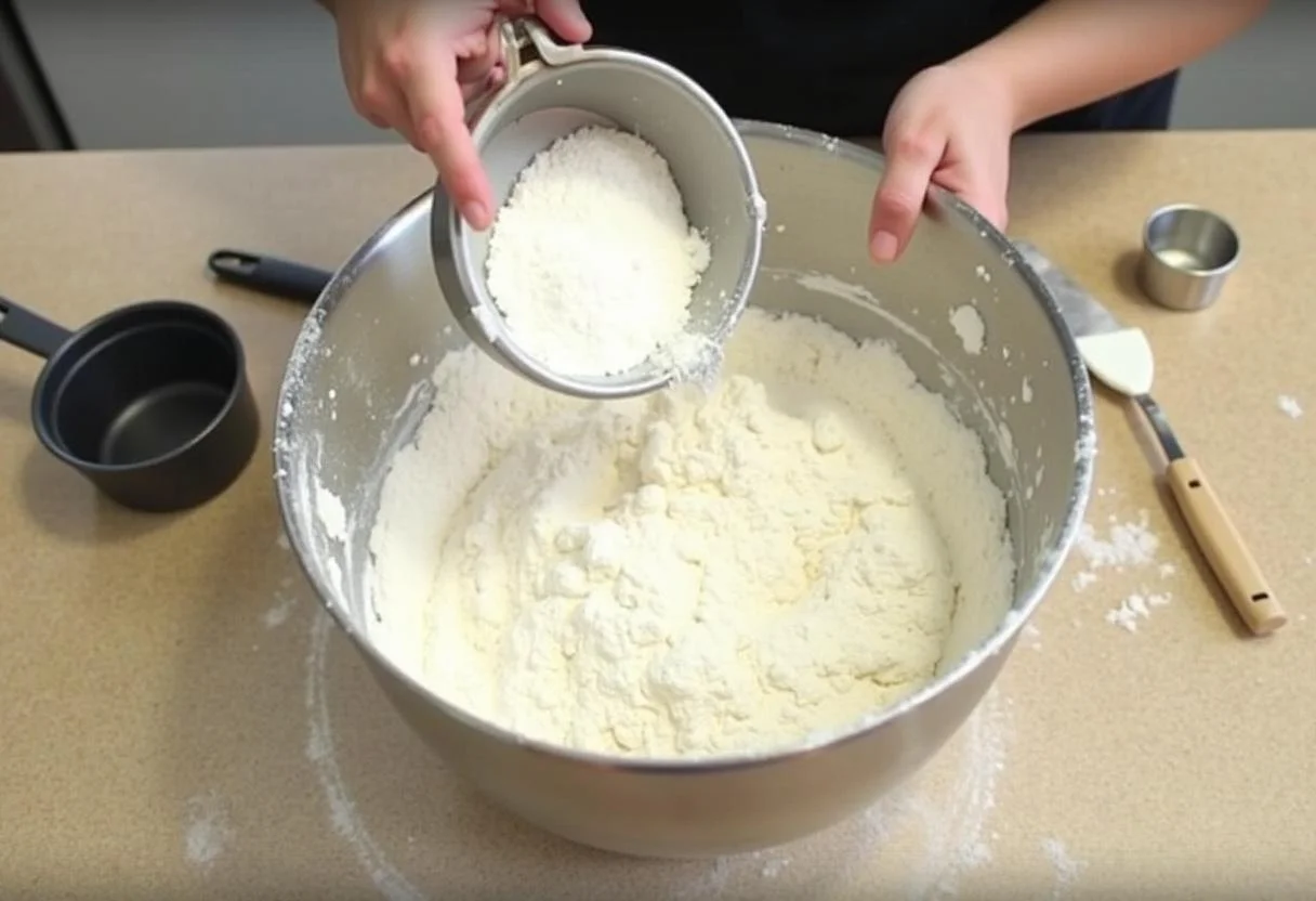 Farinha e fermento em pó sendo peneirados para o Bolo de Iogurte com Frutas.