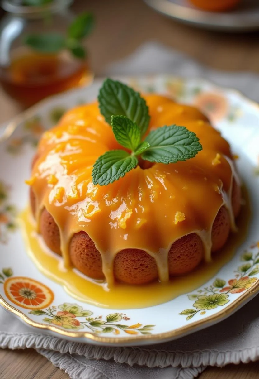 Bolo de Laranja com Calda finalizado, decorado com fatias de laranja e hortelã, pronto para ser servido.