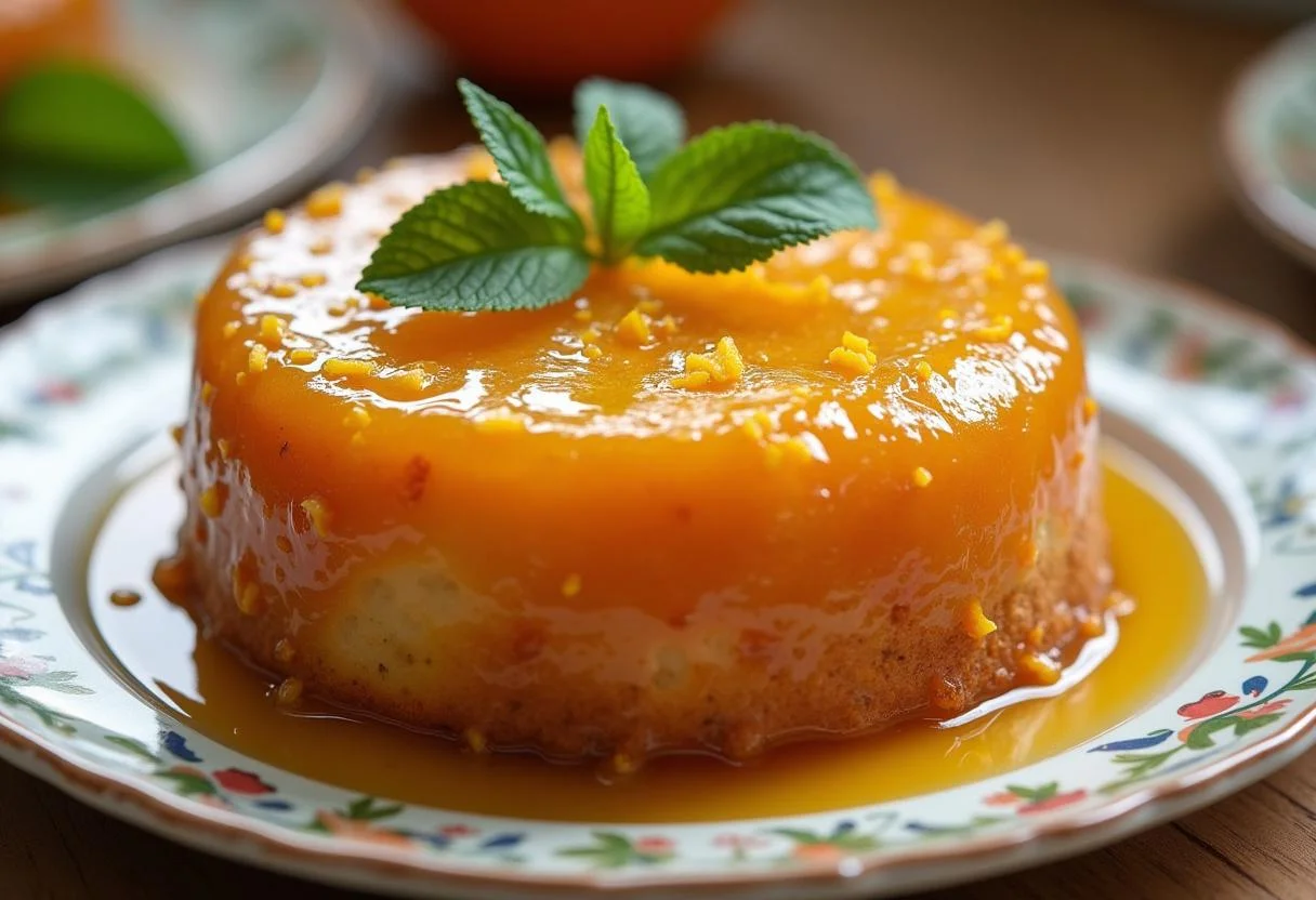 Bolo de Laranja com Calda finalizado, decorado com fatias de laranja e hortelã, pronto para ser servido.