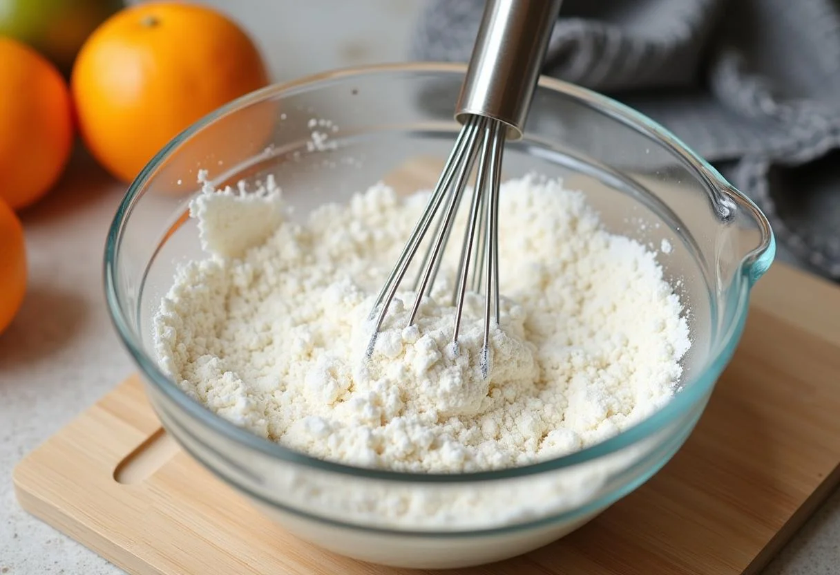 Ingredientes para o Bolo de Laranja com Calda, como farinha, açúcar e laranja em uma mesa de cozinha.