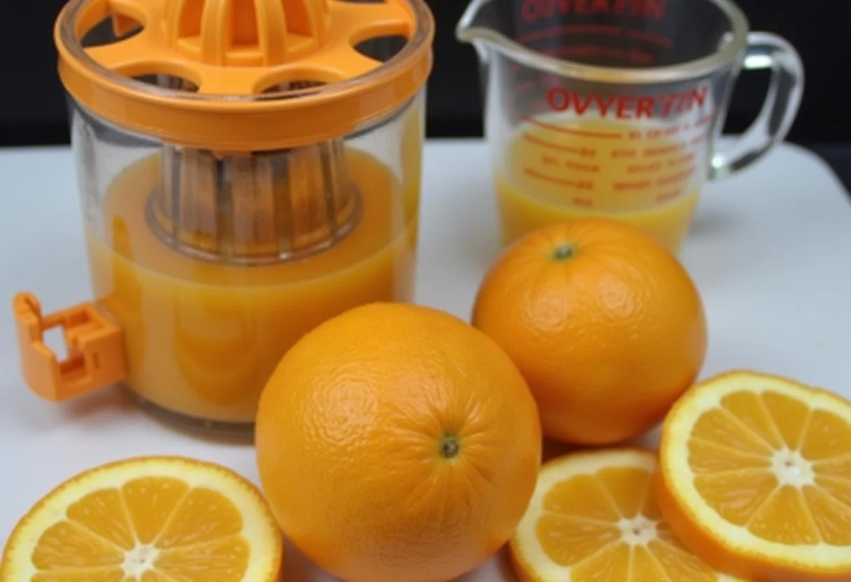 Mistura dos ingredientes para o Bolo de Laranja com Calda, com suco e raspas de laranja sendo adicionadas.