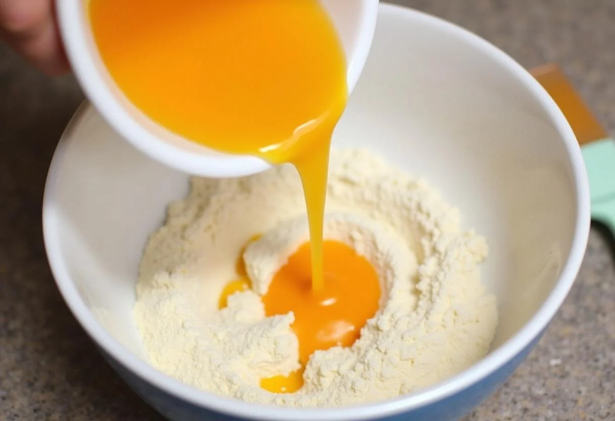 Bolo de Laranja com Calda sendo colocado na forma antes de ir ao forno.