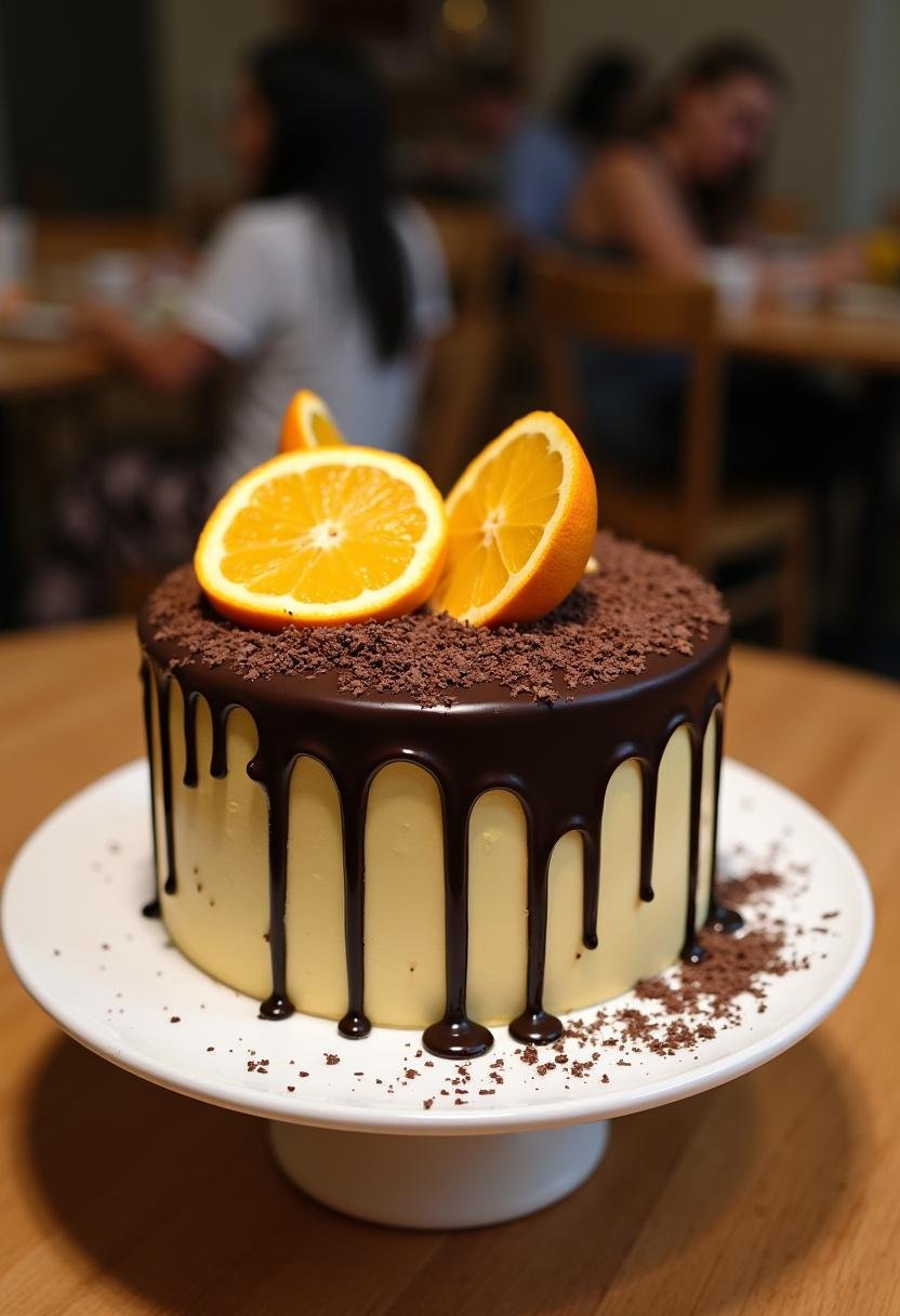 Bolo de laranja com chocolate finalizado, coberto com ganache de chocolate e decorado com fatias de laranja.