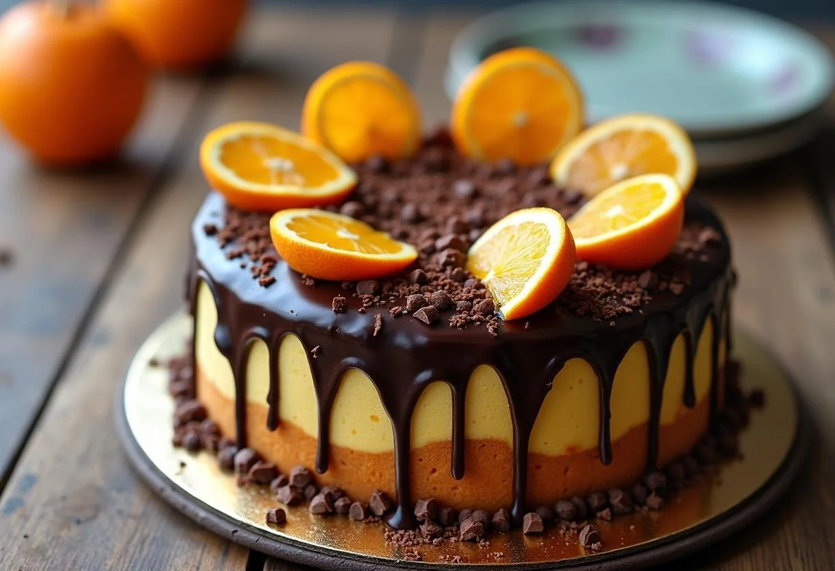 Bolo de laranja com chocolate finalizado, coberto com ganache de chocolate e decorado com fatias de laranja.