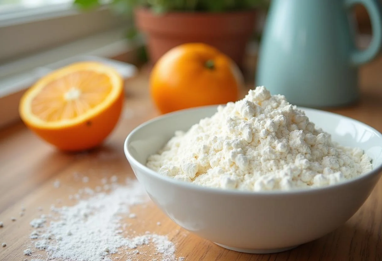 Ingredientes para fazer o bolo de laranja com chocolate, incluindo farinha e açúcar na bancada da cozinha.