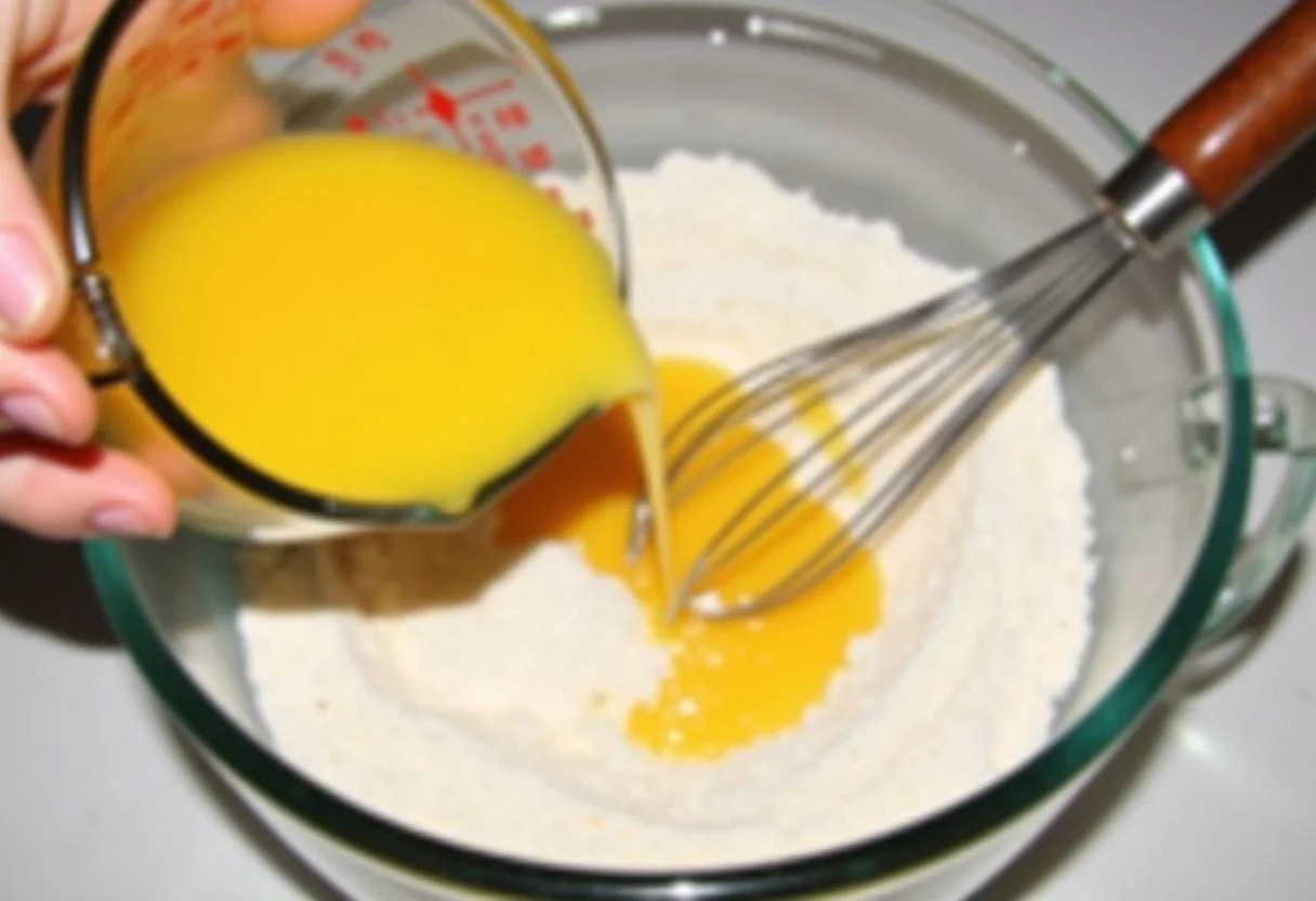 Suco de laranja sendo adicionado à mistura para bolo de laranja com chocolate.