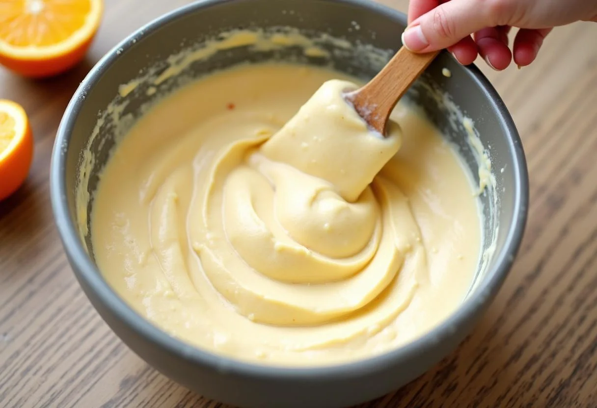 Bolo de laranja em preparação, mostrando a mistura espessa no recipiente.