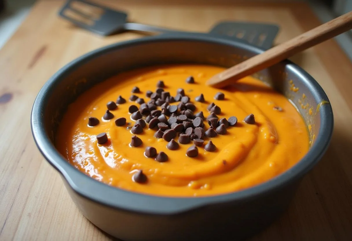 Mistura de bolo de laranja com chocolate sendo colocada na assadeira.