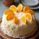 Bolo de laranja com coco finalizado e decorado, perfeito para servir.