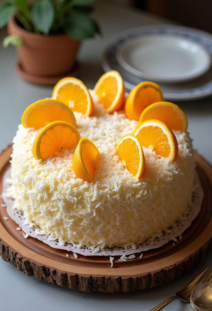 Fatia do bolo de laranja com coco, pronta para ser servida.