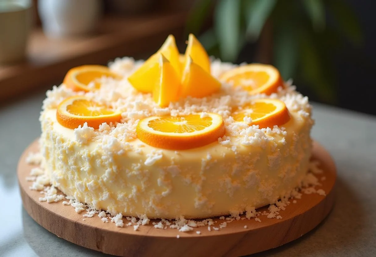 Fatia do bolo de laranja com coco, pronta para ser servida.