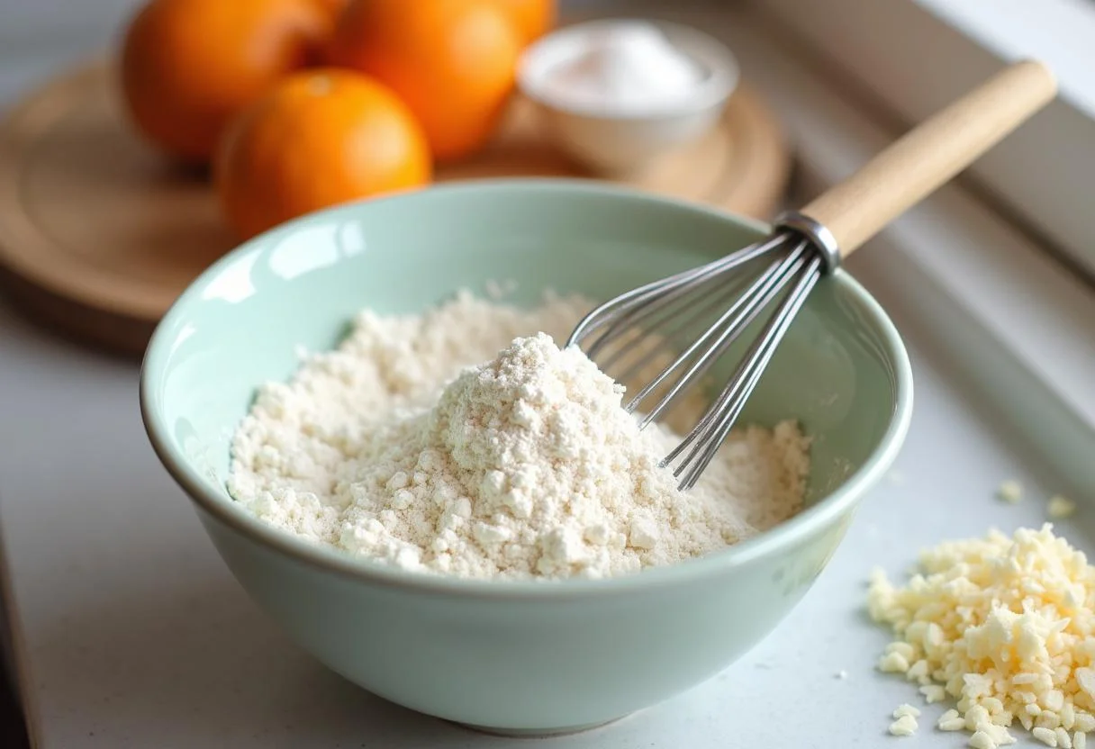 Mistura de farinha, açúcar e fermento para bolo de laranja com coco na bancada da cozinha.